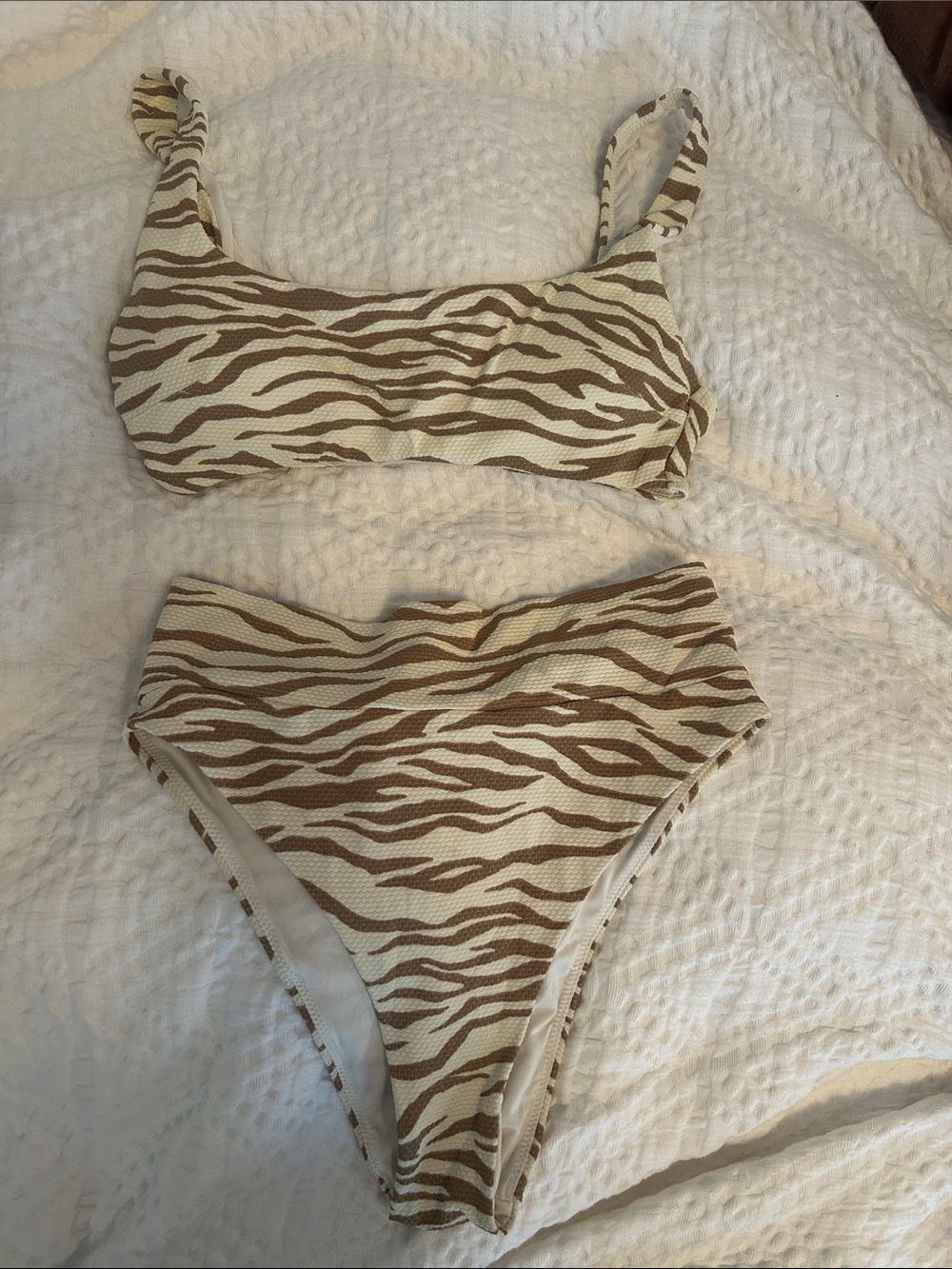 aerie Zebra-Print High-Waist Bikini in Cream & Brown